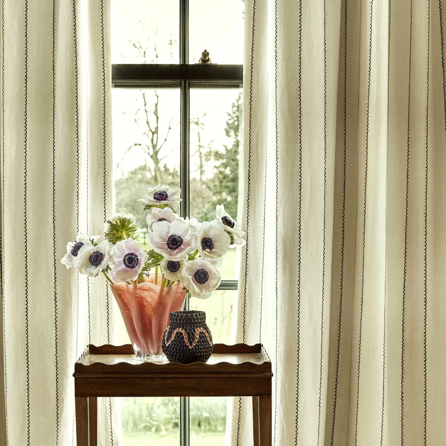 Audrey curtains in lola stripe collection neutral stripe fabric by linwood cooshy