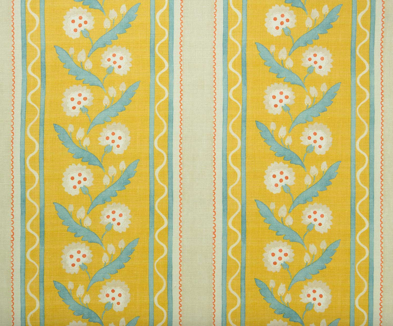Fabric with floral pattern and vertical stripes on a yellow background