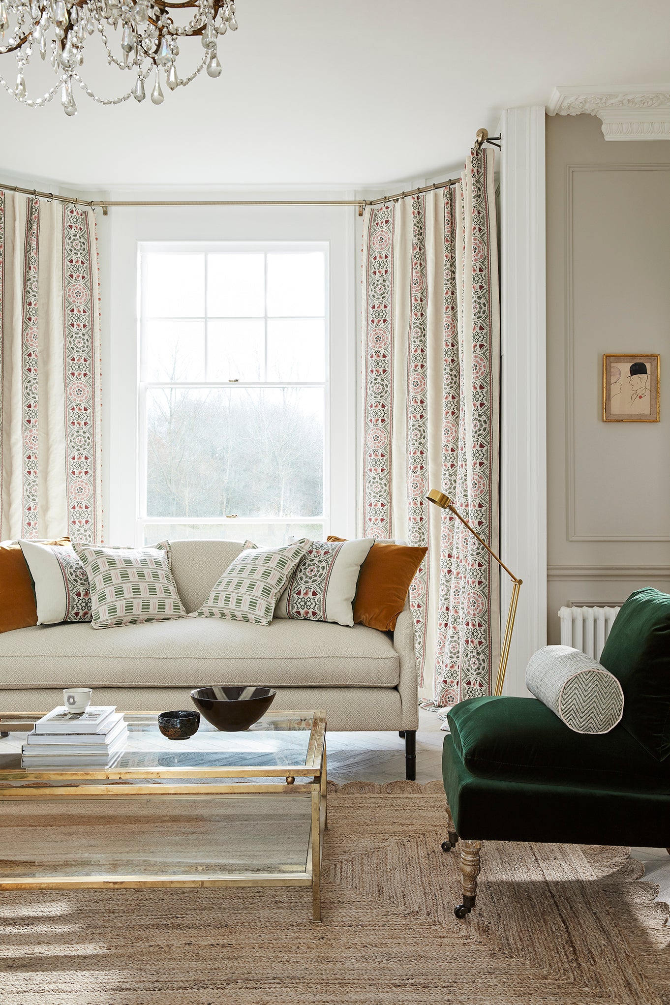 Pink/Green - Suzani Stripe Fabric James Hare 100% Linen sofa curtains