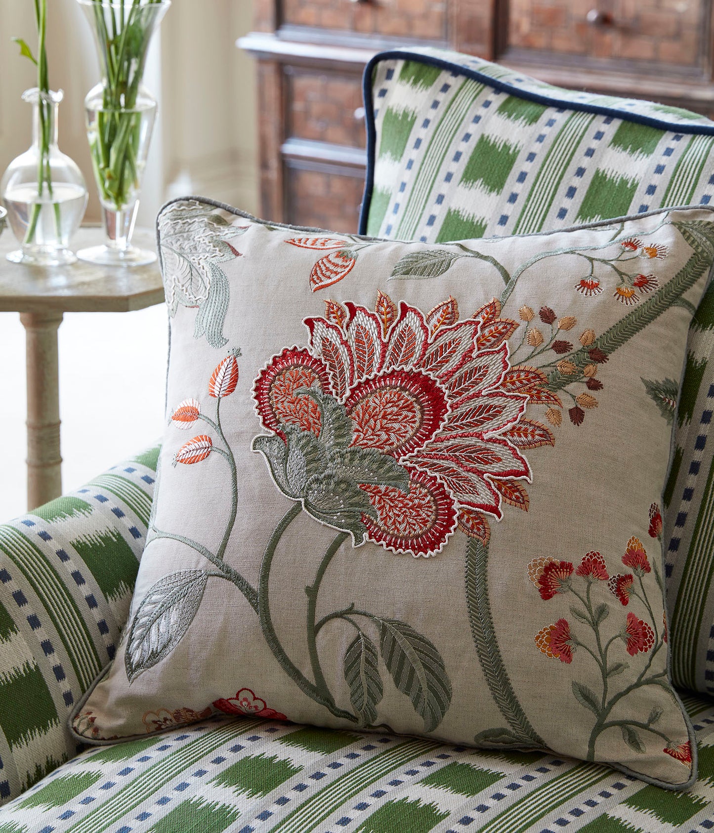 Red/Green - Shalimar Fabric by James Hare Linen/Cotton cushion