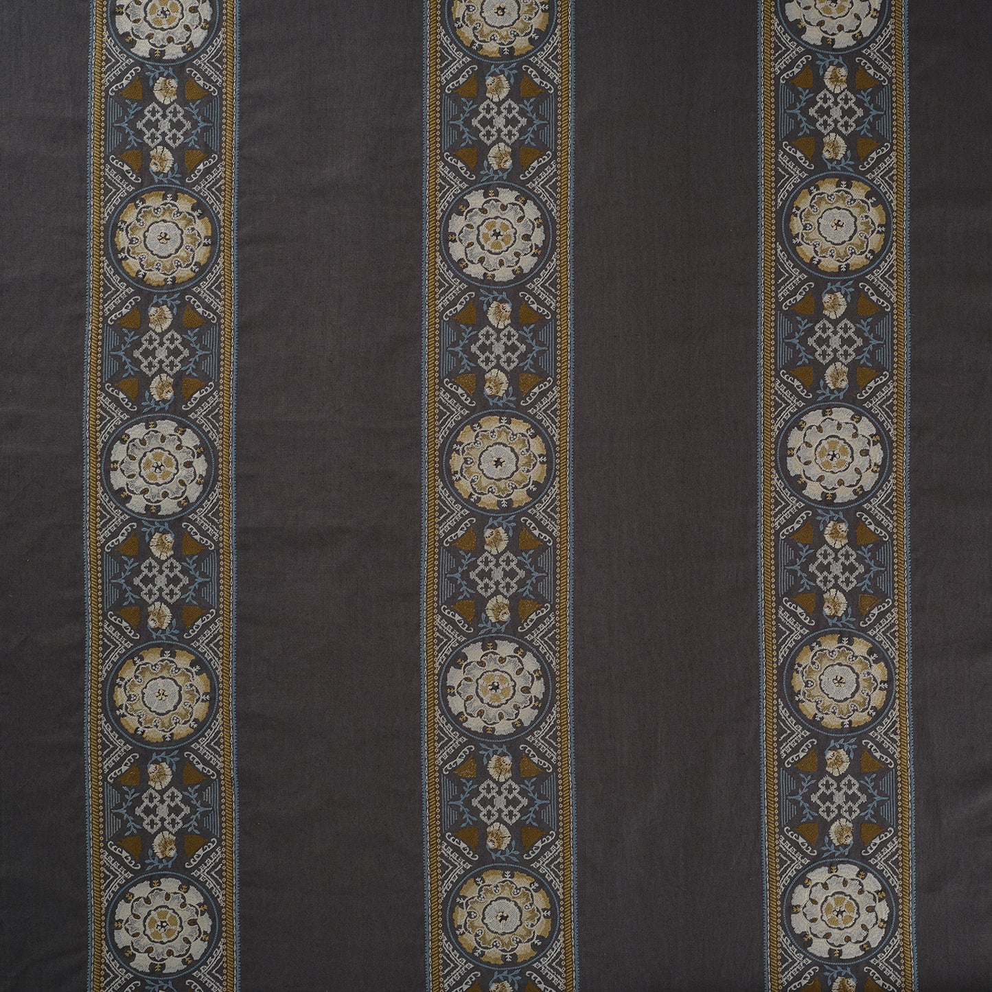 Ink/Gold - Suzani Stripe Fabric James Hare 100% Linen flat