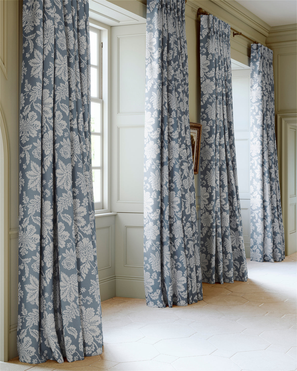 James Hare Cartouche Jacobean Damask Victoria Blue Made to Measure Roman Blinds