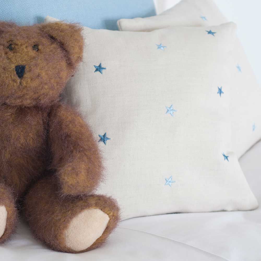 Cooshy Embroidered Blue Stars Linen/Cotton blend Fabric