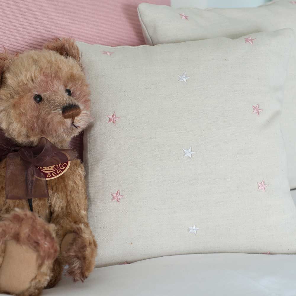 Cooshy Embroidered Pink Stars Linen/Cotton blend Fabric