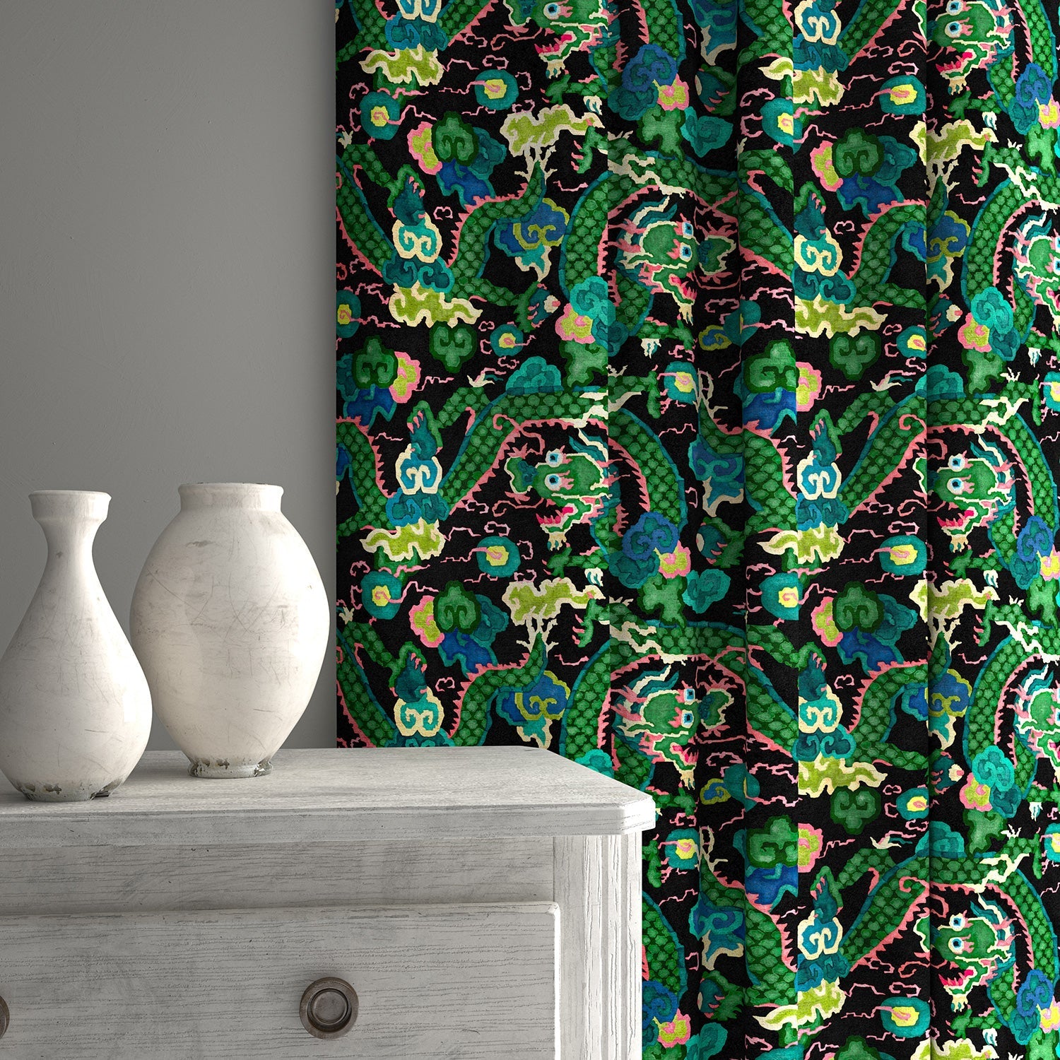 Linwood Double Dragon Green Made to Measure Curtains