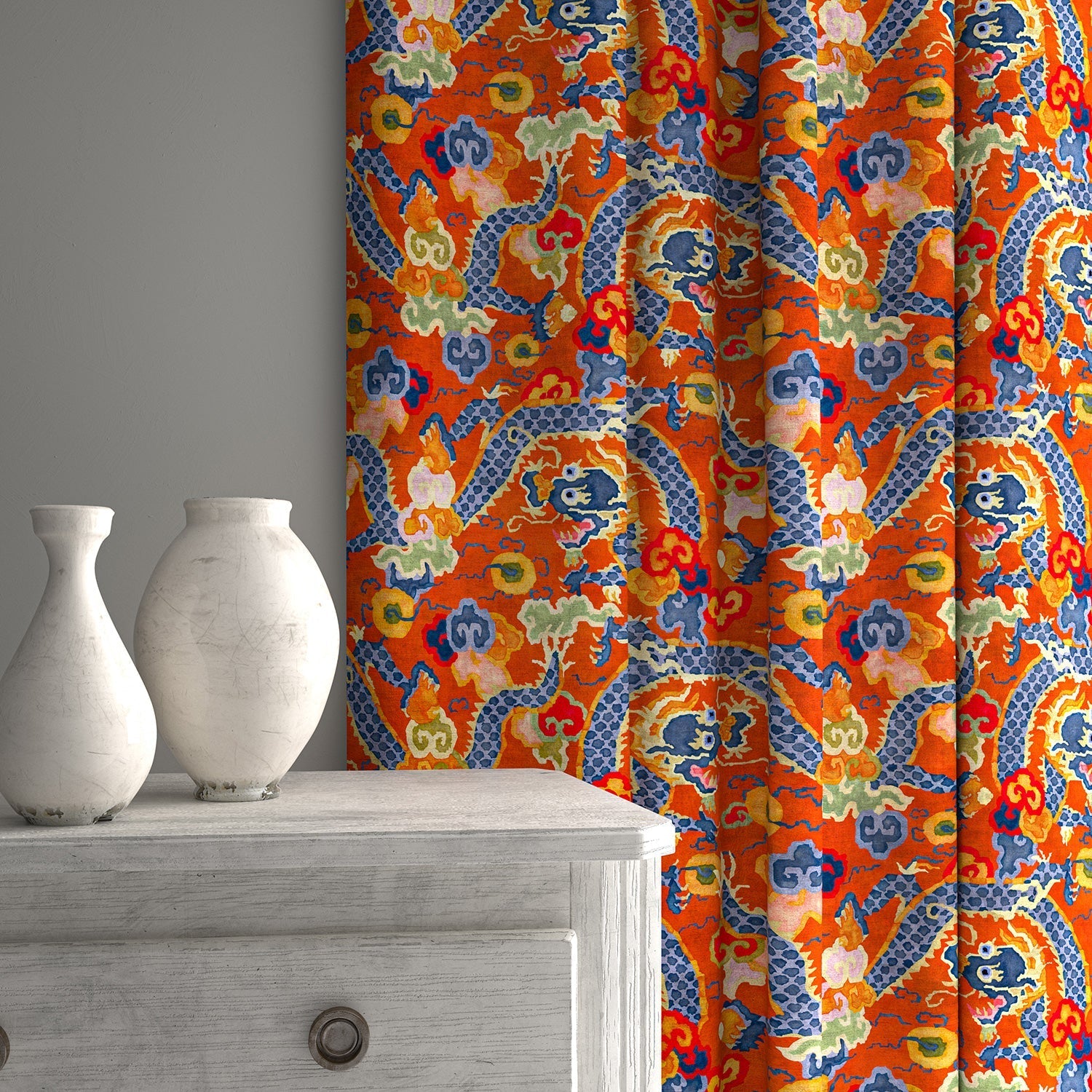 Linwood Double Dragon Hot Orange Made to Measure Curtains