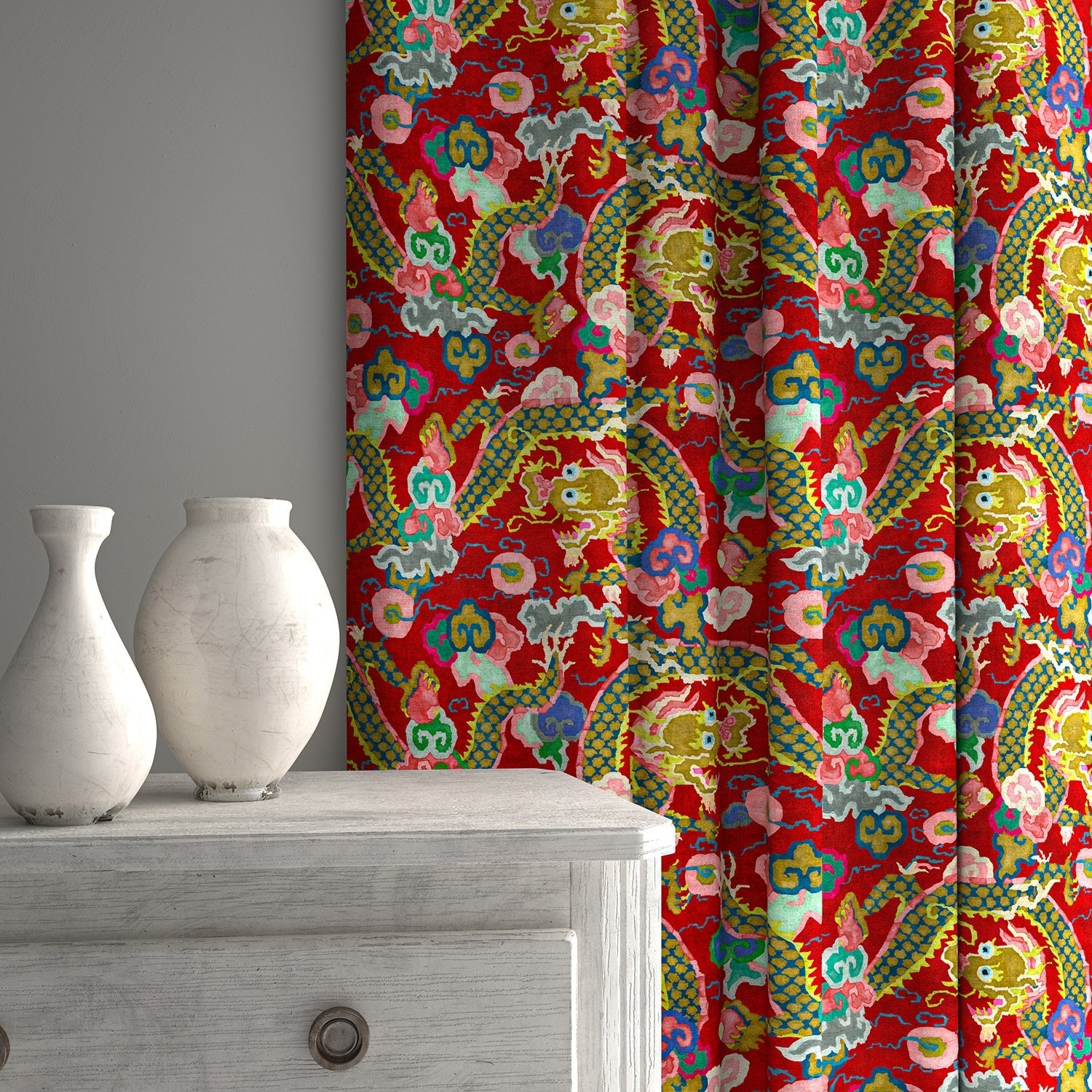 Linwood Double Dragon Lacquer Red Made to Measure Curtains
