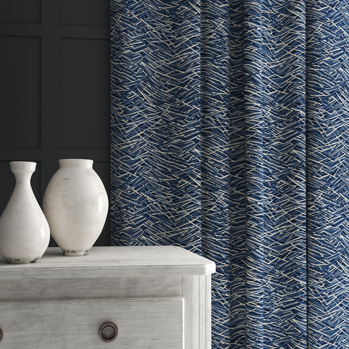 Linwood Kerplunk Indigo FR Made to Measure Curtains