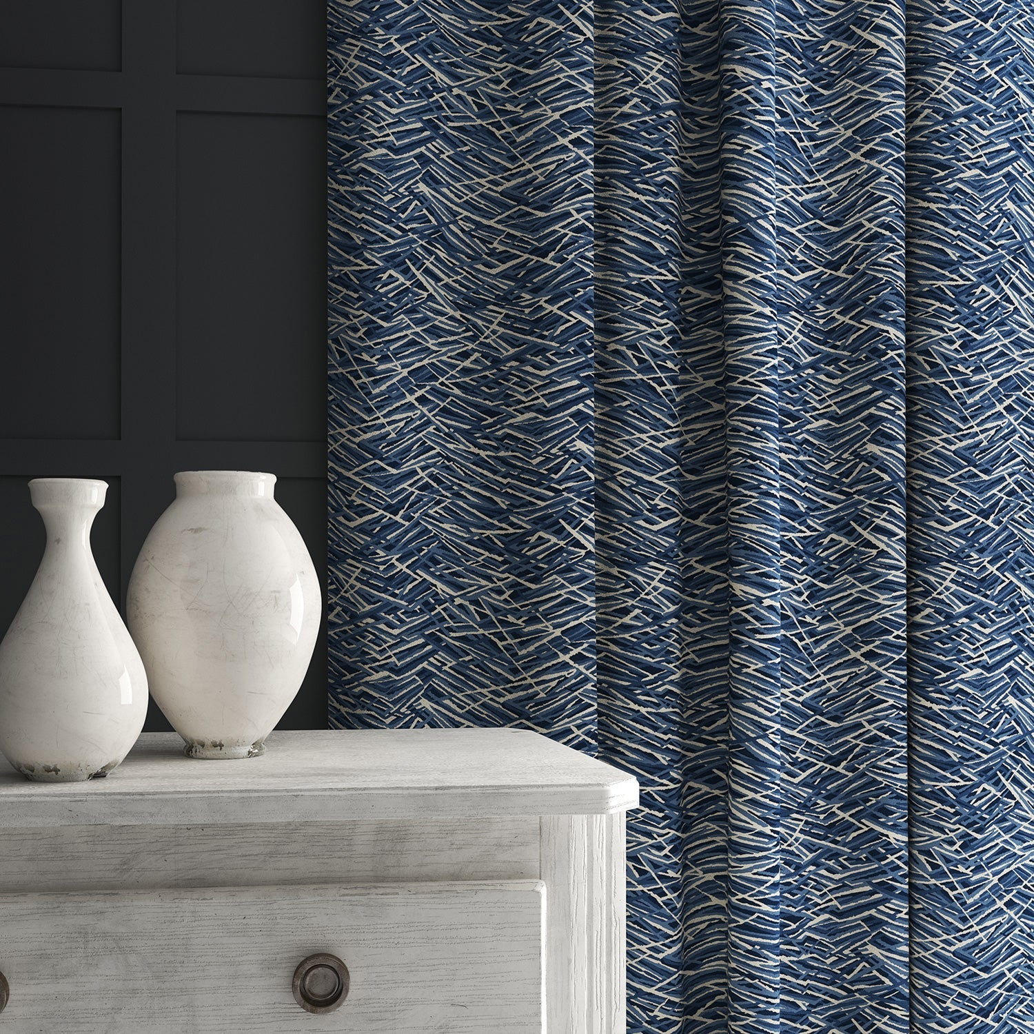 Linwood Kerplunk Indigo FR Made to Measure Curtains