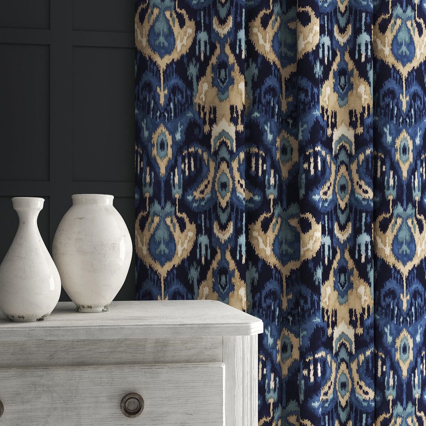 Linwood Bukhara Indigo FR Made to Measure Curtains