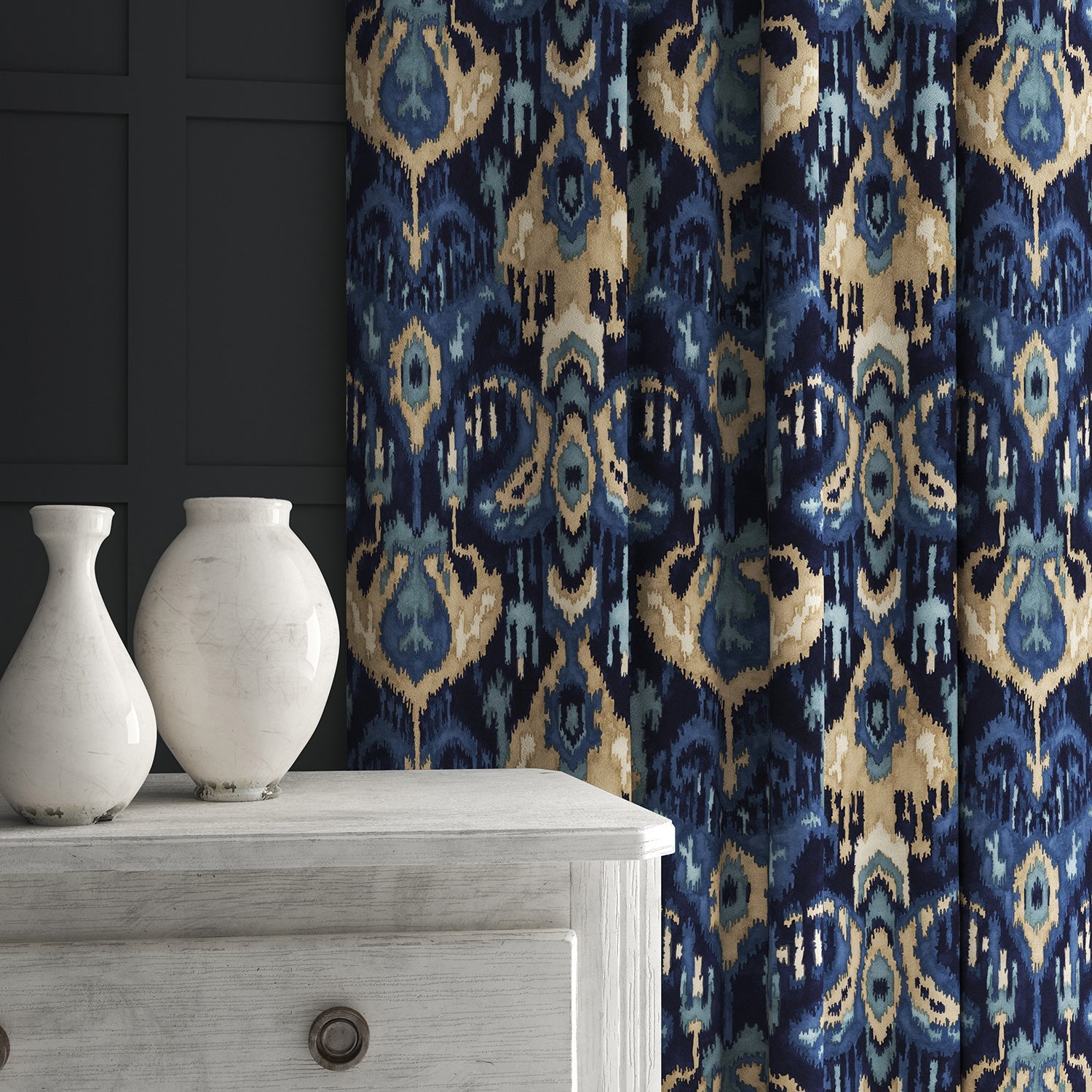 Linwood Bukhara Indigo FR Made to Measure Curtains