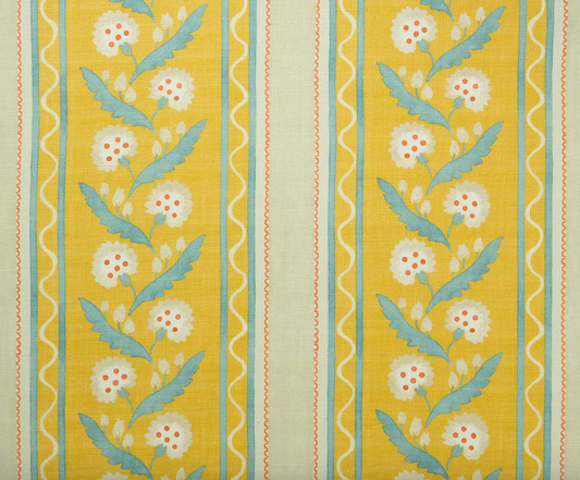 Fabric with floral pattern and vertical stripes on a yellow background