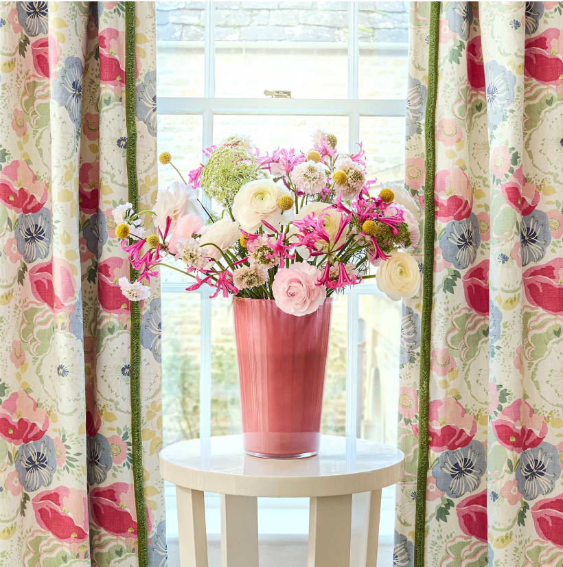 Raspberry - Joni, Flori Collection by Linwood - close up vase curtains
