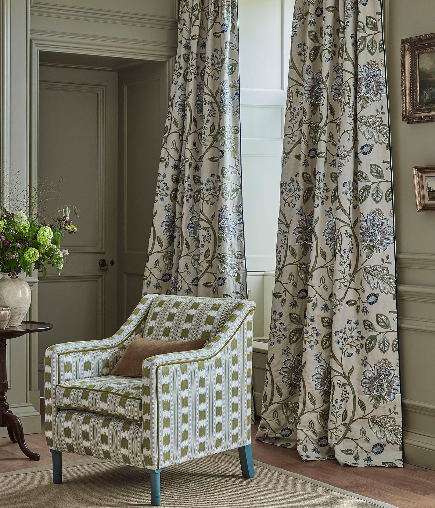 Blue/Green - Shalimar Fabric by James Hare Linen/Cotton curtains