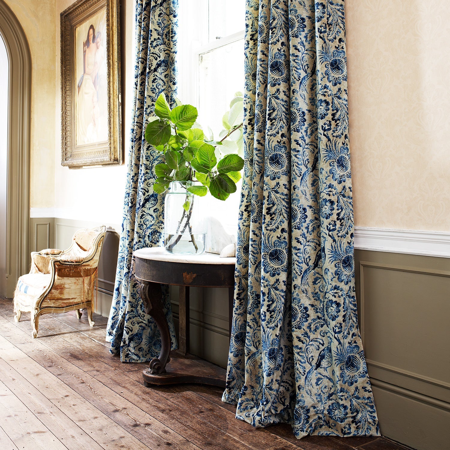 Linwood Dutch Pheasant Delft Blue Made to Measure Curtains