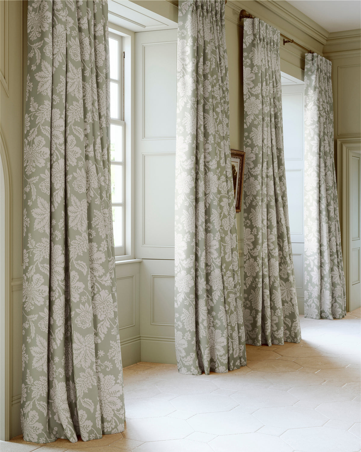 James Hare Cartouche Jacobean Damask Old Green Made to Measure Roman Blinds